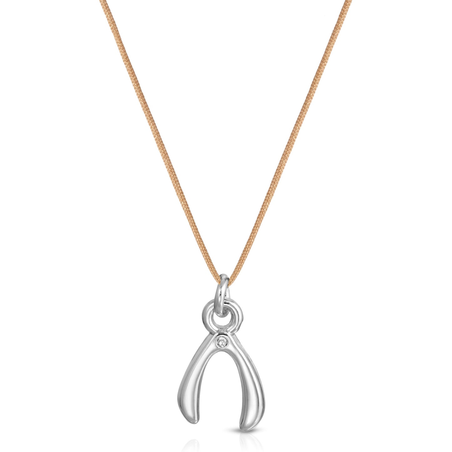 A silver wishbone pendant with a small stone hangs from a tan cord.