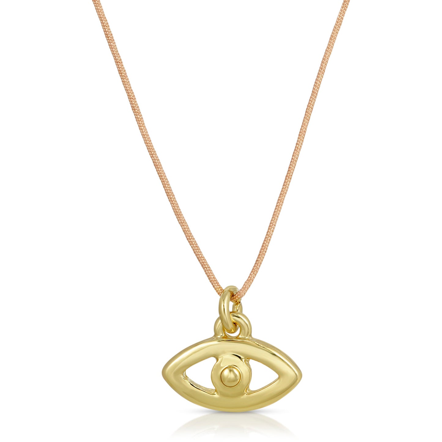 A gold "evil eye" pendant hangs from a thin, light brown cord.