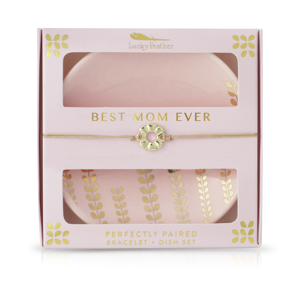 Boxed Lucky Feather "Best Mom Ever" gift set containing a flower bracelet and decorated dishes.