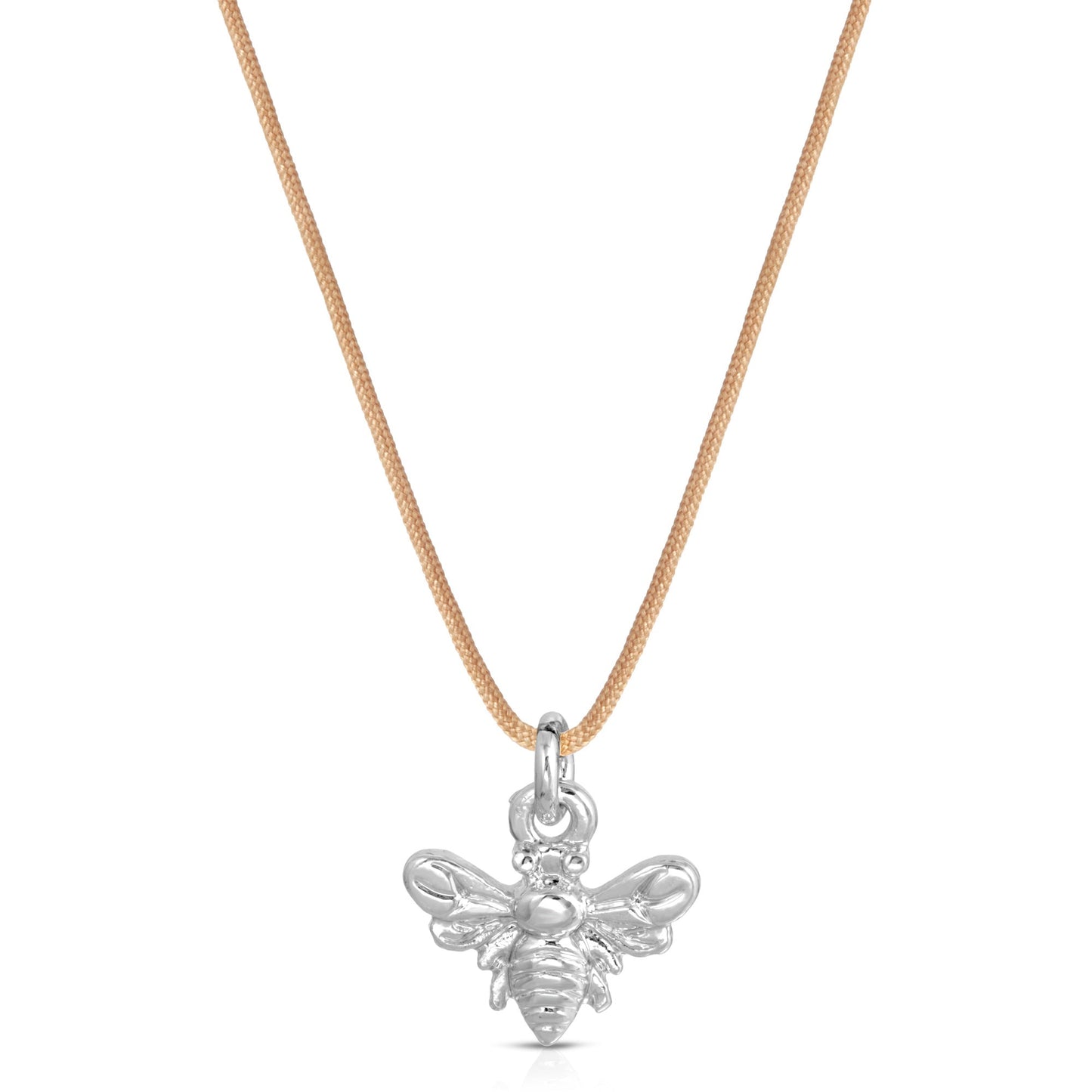 A necklace with a tan cord and a silver-colored bee pendant is centered on a white background.