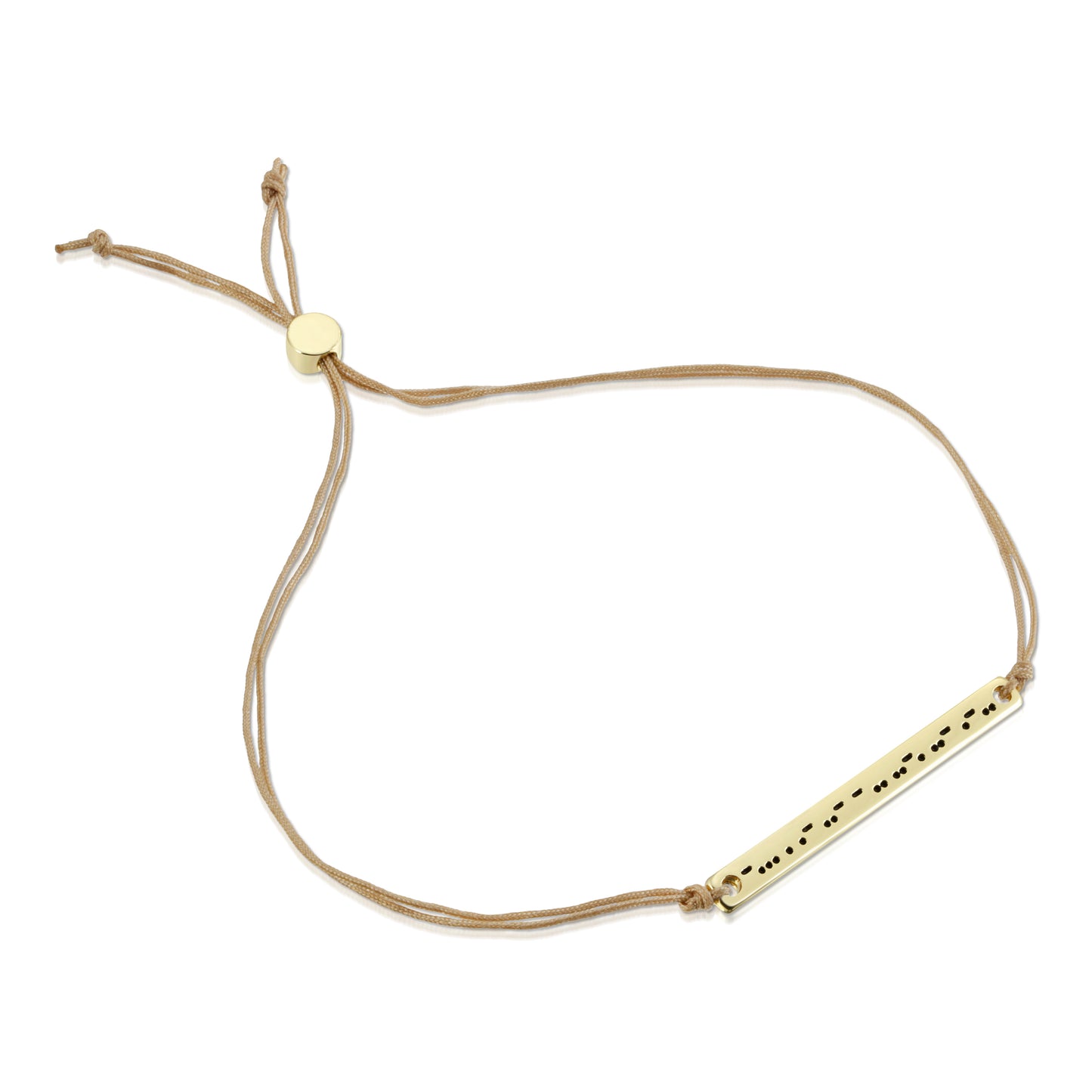 A bracelet with a gold-colored bar etched with dots and dashes connected to tan adjustable cord.