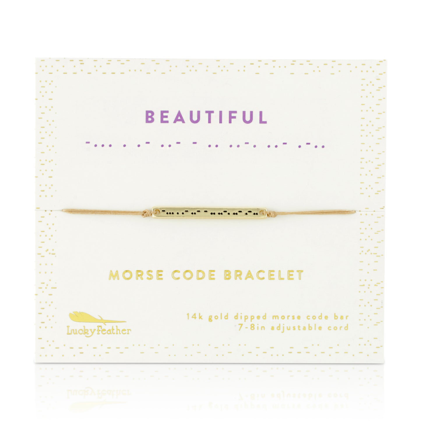 A "Beautiful" morse code bracelet on its display card.