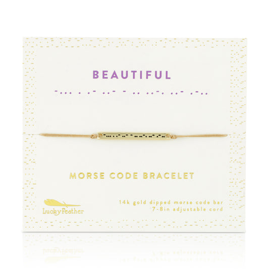 A 'Beautiful' morse code bracelet on its display card.