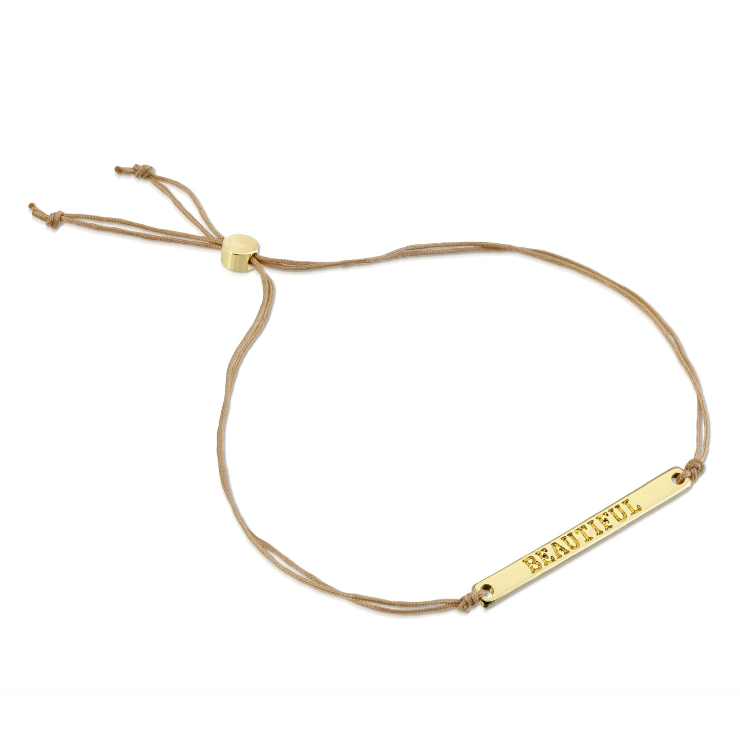 A gold-colored bracelet with the word "BEAUTIFUL" on a metal bar sits on a white background.