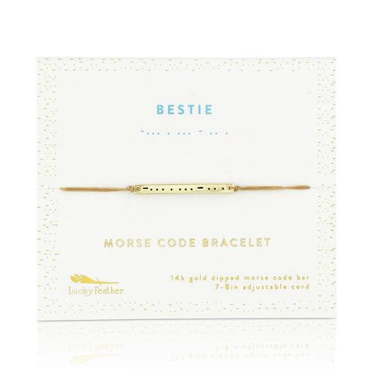 Close-up of a 'Bestie' morse code bracelet displayed on a white card.