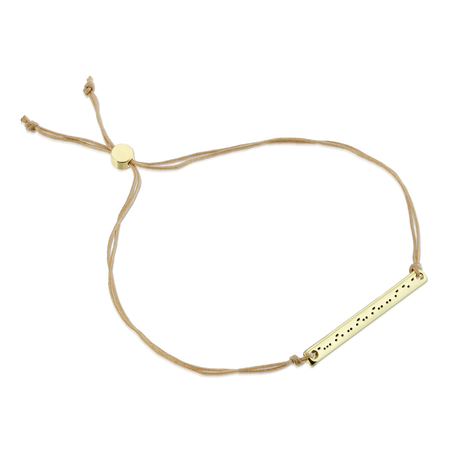 A thin, light-brown cord bracelet features a gold-colored rectangular plate with small dots.