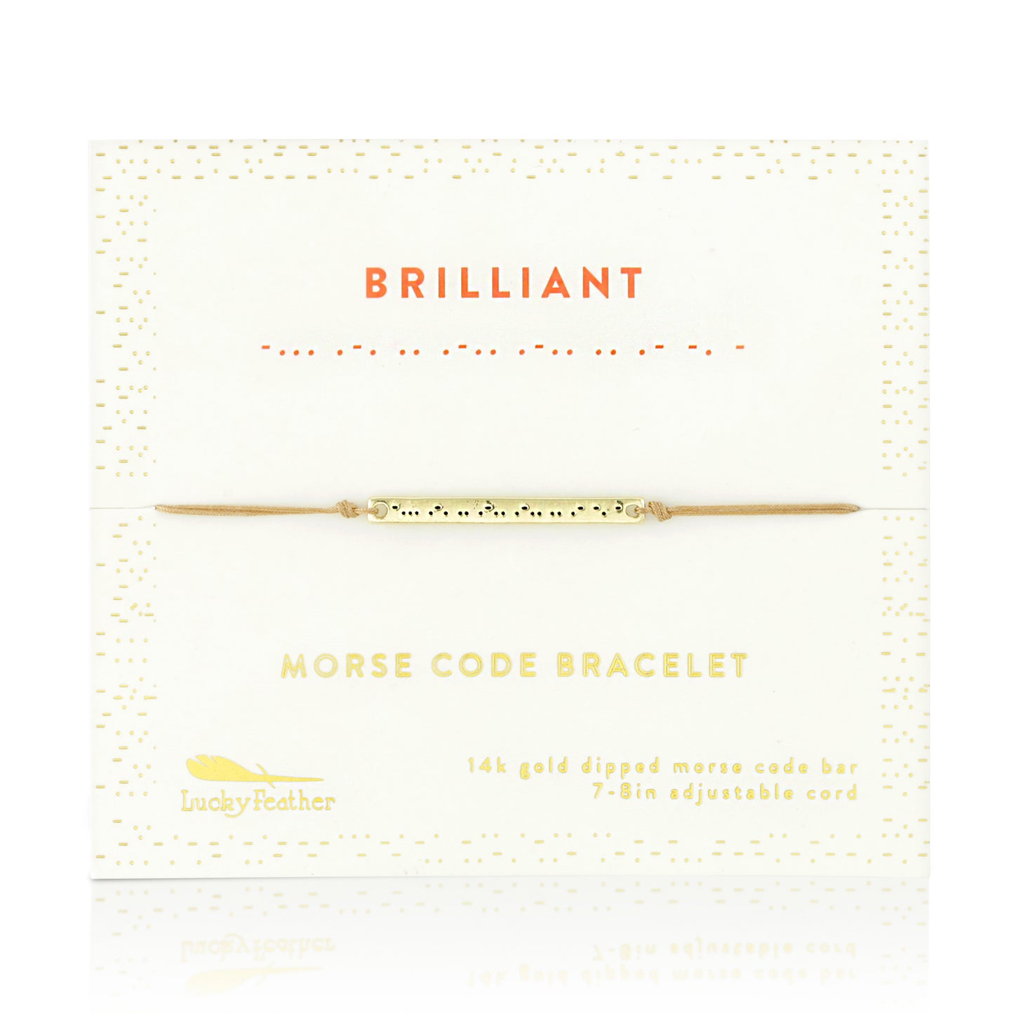 A "Brilliant" Morse Code Bracelet from Lucky Feather on its packaging.