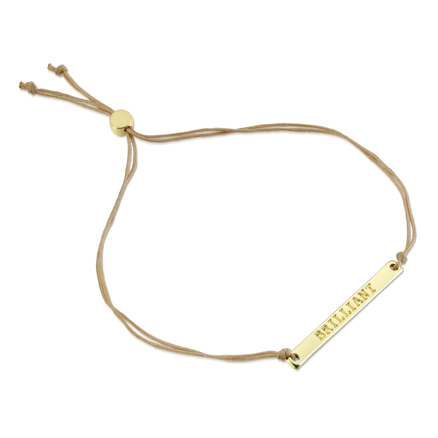 Adjustable cord bracelet with a gold bar pendant that reads "BRILLIANT".