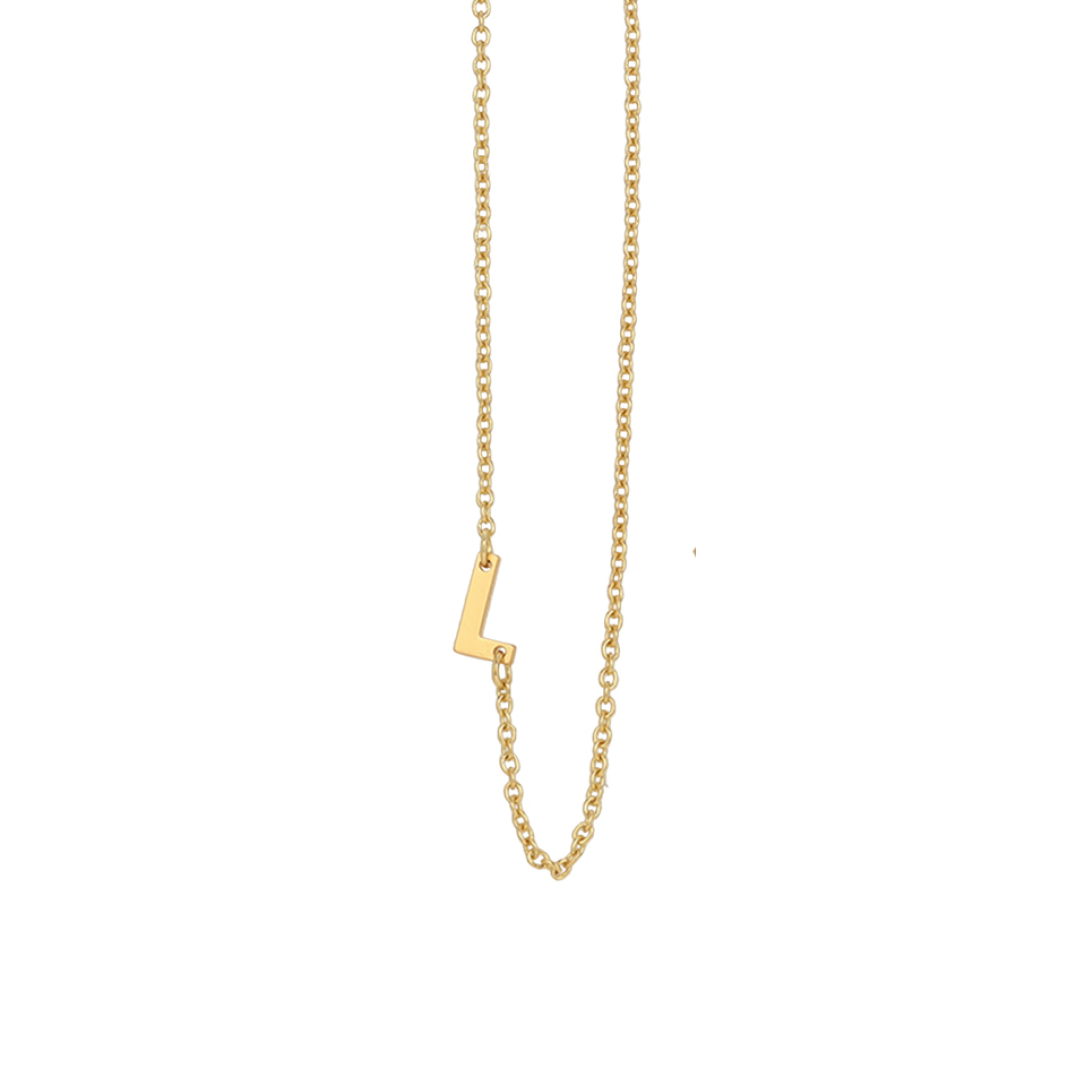 A gold chain necklace with an "L" pendant on a white background.