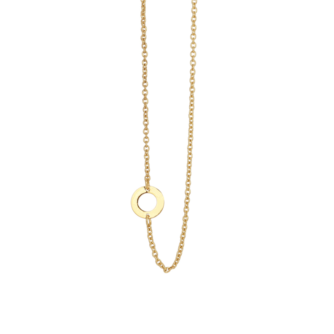 A gold-colored chain necklace with a circular pendant is displayed against a white background.