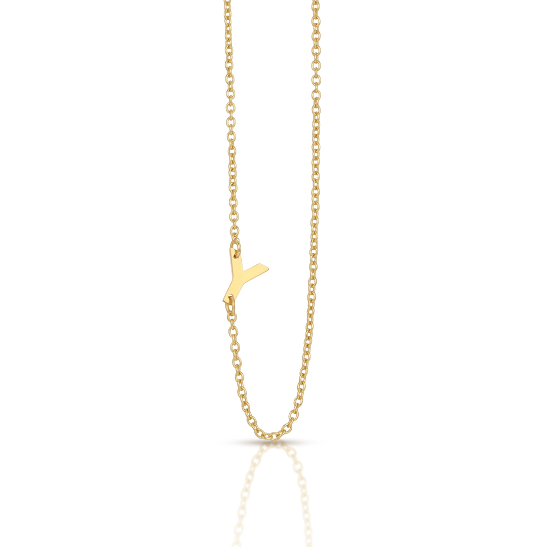 A gold chain necklace with a letter Y pendant.