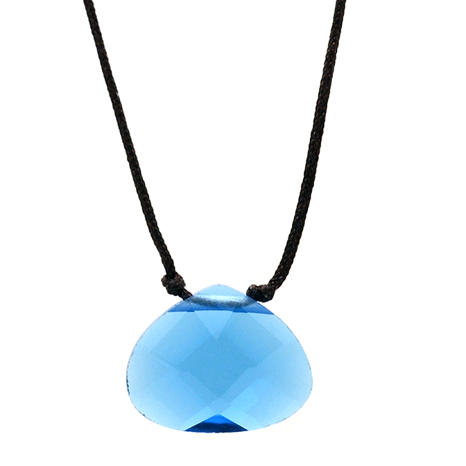 A blue crystal teardrop pendant hangs on a black cord.