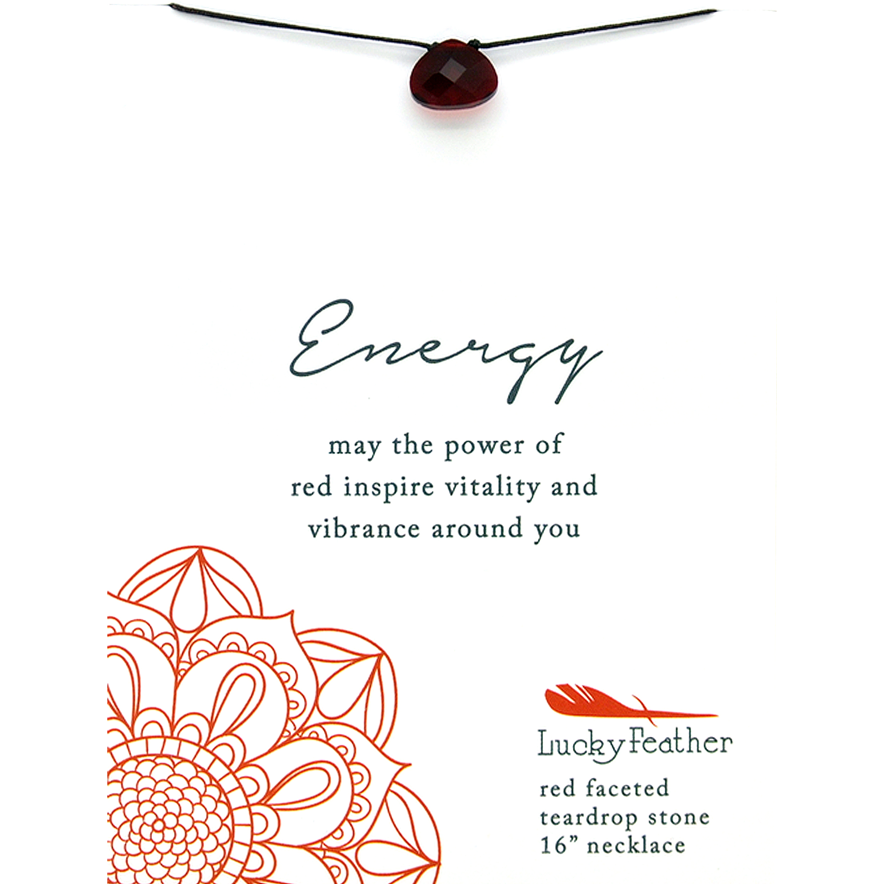 A red teardrop pendant necklace on a display card with the text "Energy" and "Lucky Feather".