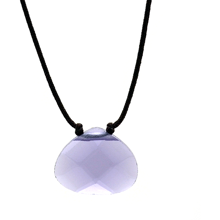 A lavender-colored pendant hangs from a dark cord.