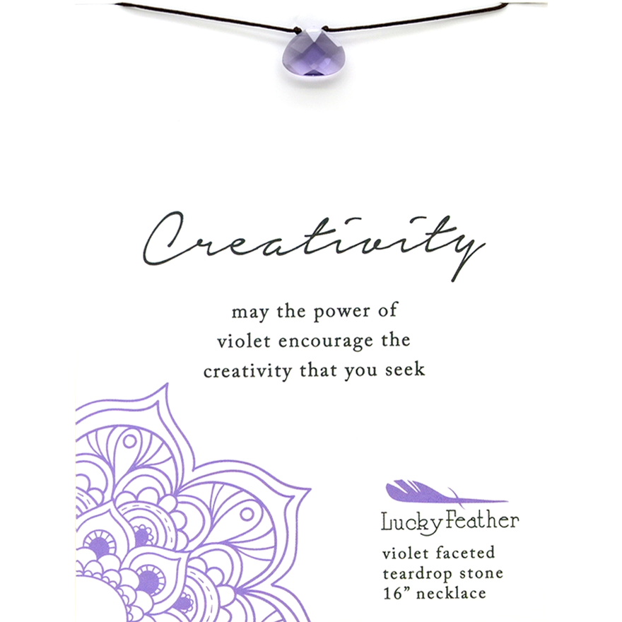 A purple teardrop stone necklace accompanied by the word "Creativity" and additional text is shown.