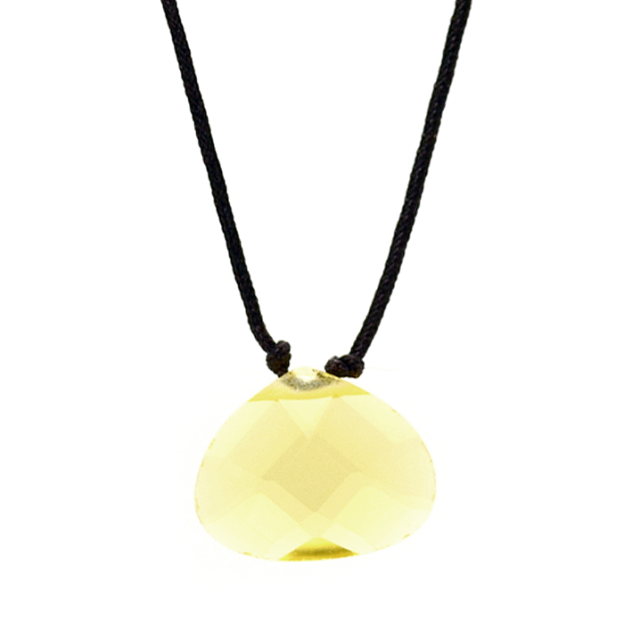 A yellow gemstone pendant hangs from a black cord necklace against a white background.