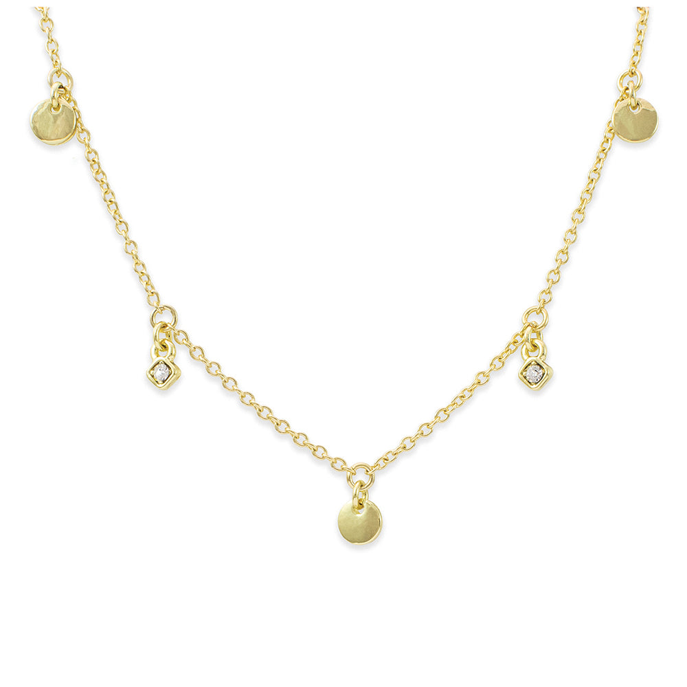 A gold chain necklace with disk and diamond charms is shown.