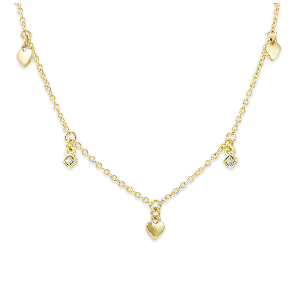 A gold chain necklace features heart and diamond-shaped pendants.