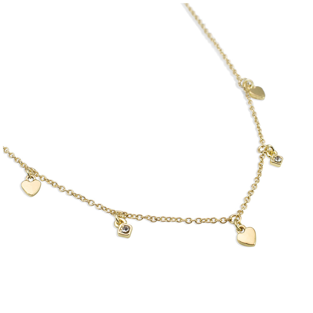 A gold chain necklace with heart and square pendant charms.