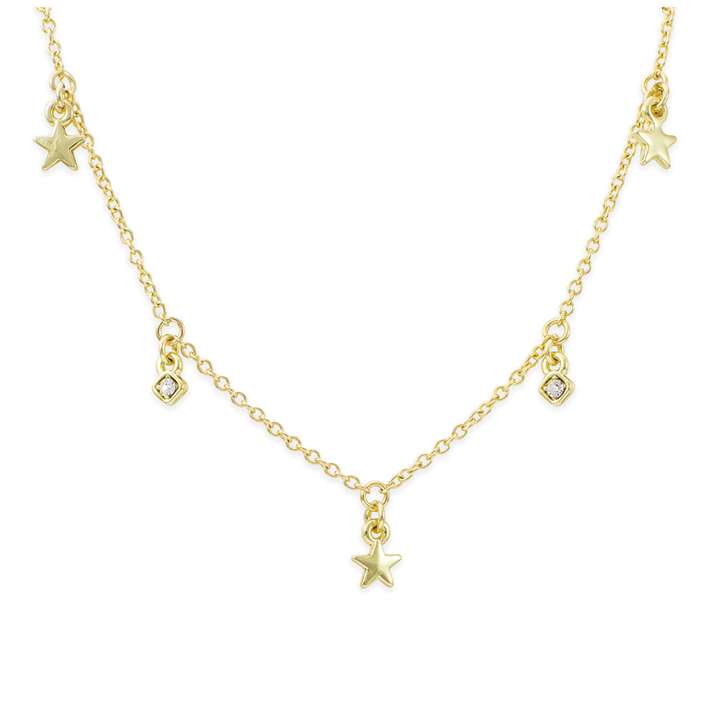 A gold-tone chain necklace with alternating star and diamond shaped charms.