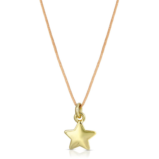 A gold star pendant hangs from a beige woven cord.