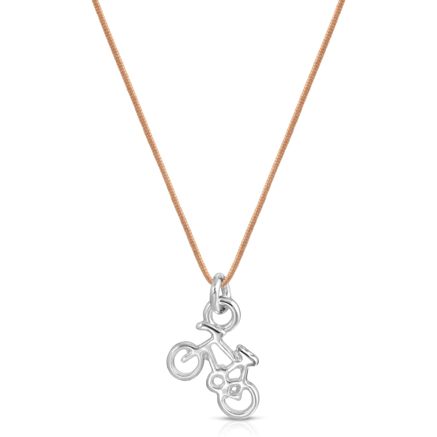 A bicycle pendant necklace on a tan cord.