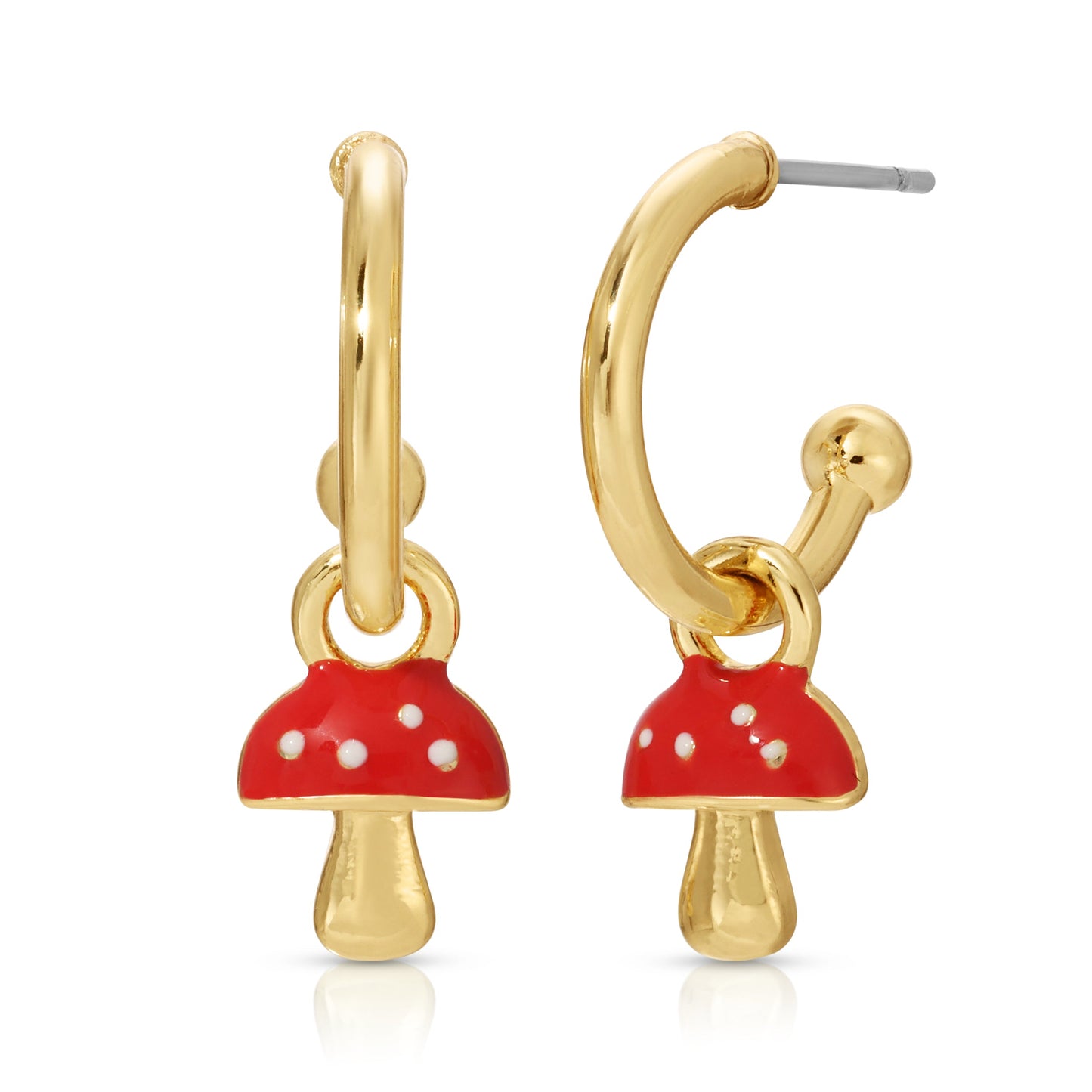 Pair of gold hoop earrings with a mushroom charm.