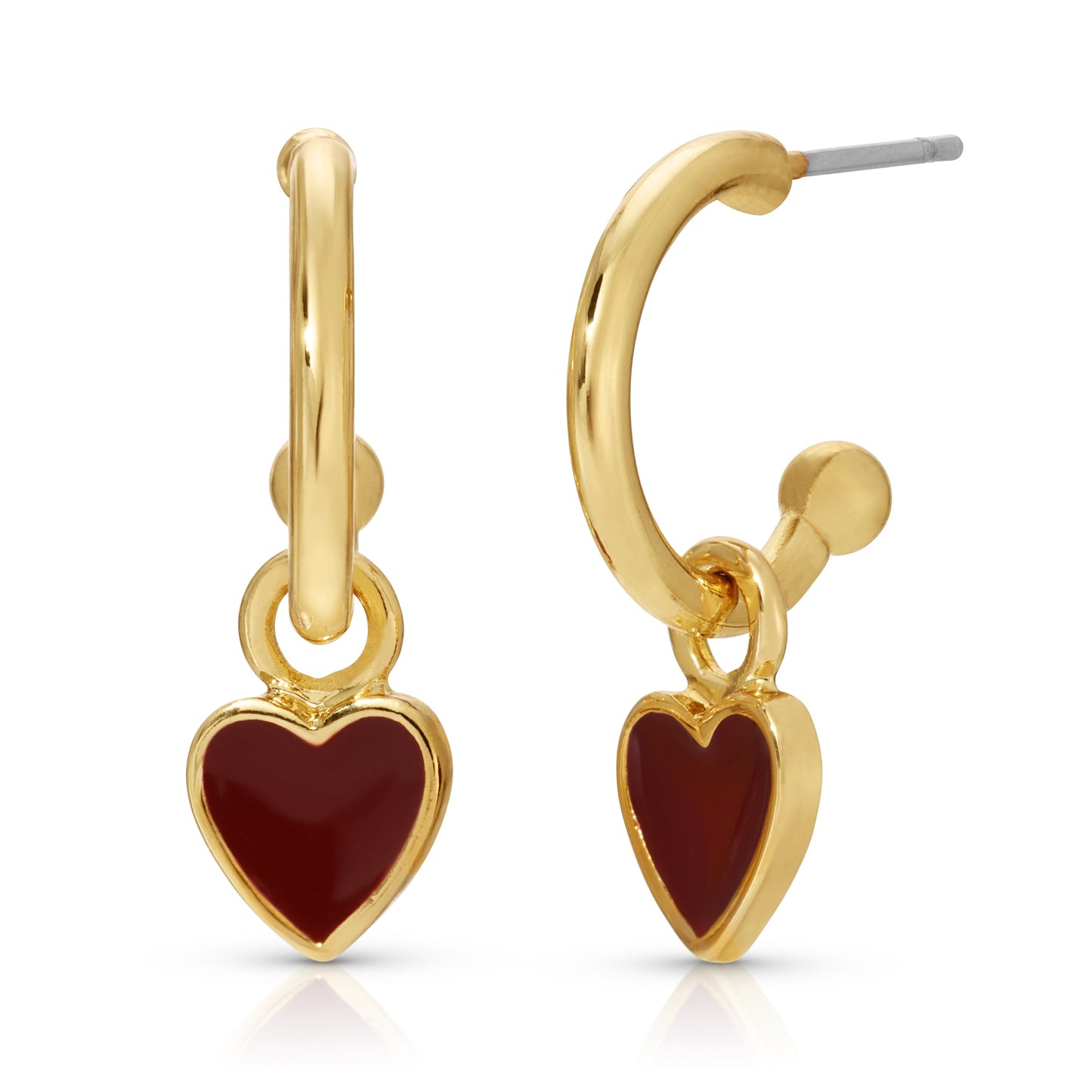 Two gold hoop earrings with burgundy heart-shaped pendants are displayed on a white background.