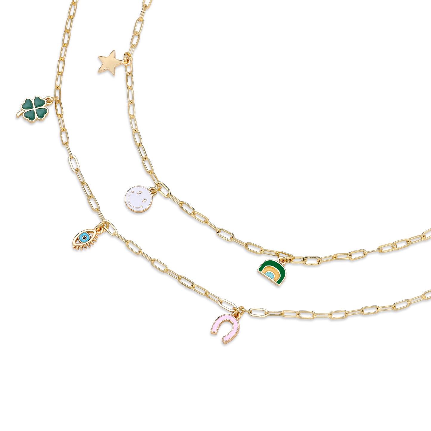 Two gold charm necklaces are displayed on a white background.