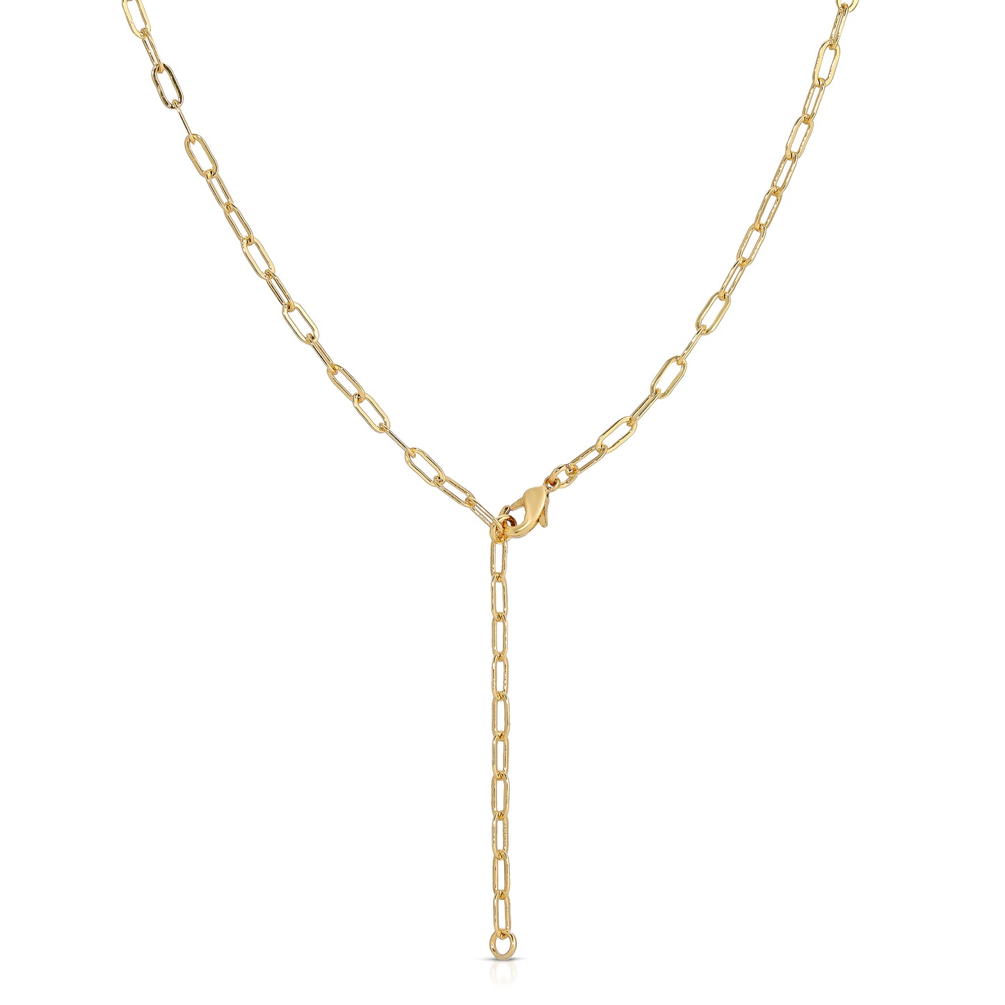 A gold chain necklace is displayed against a white background.