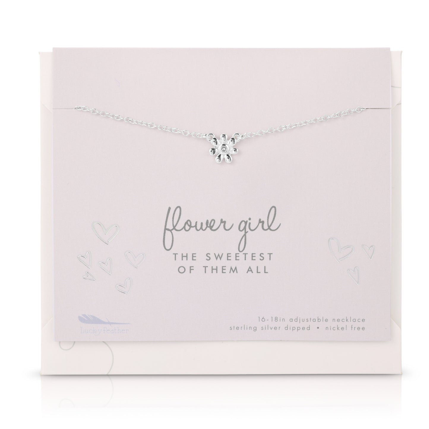Silver "Flower Girl" necklace with a flower charm displayed on its branded light pink packaging.