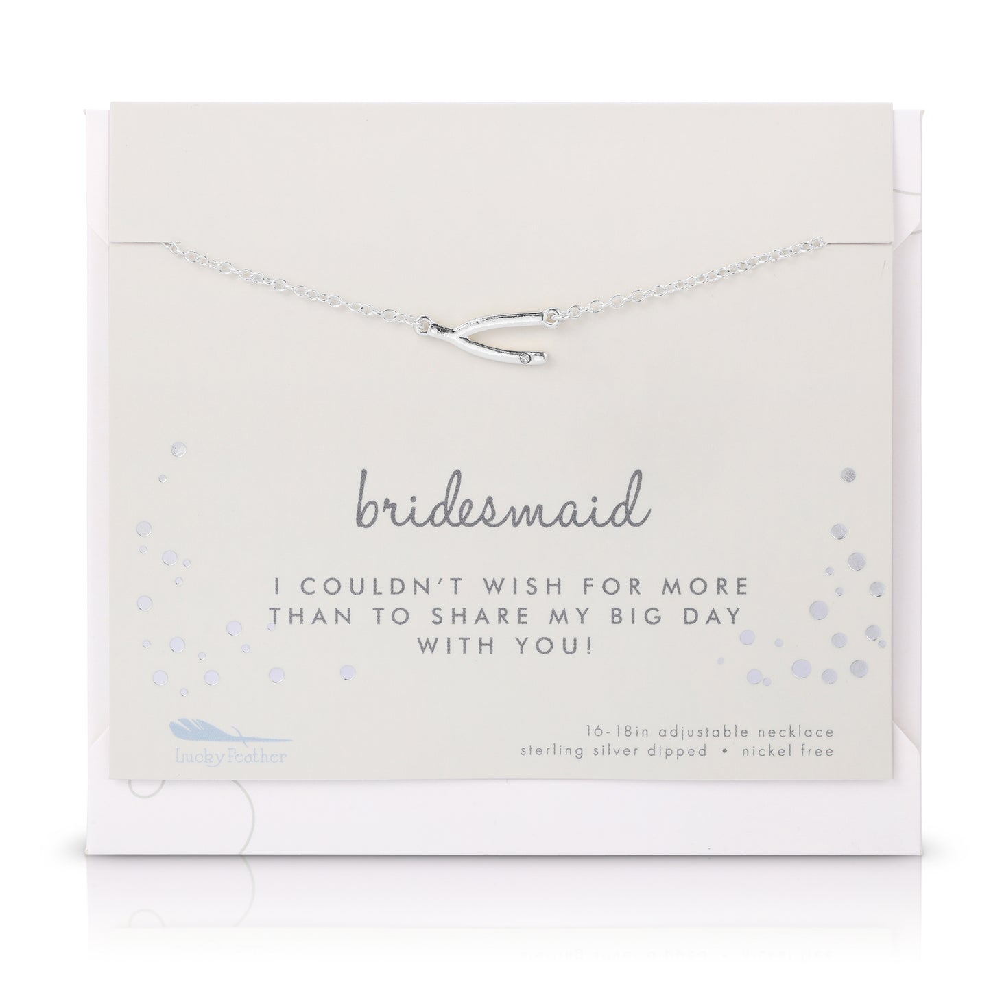 Silver wishbone necklace on a card for a bridesmaid.