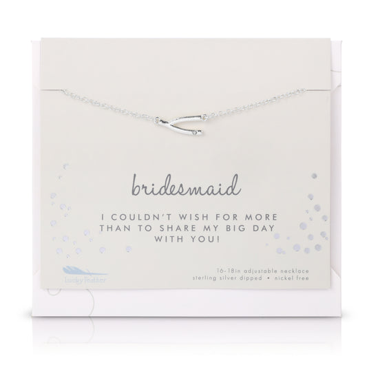 Silver wishbone necklace on a card for a bridesmaid.