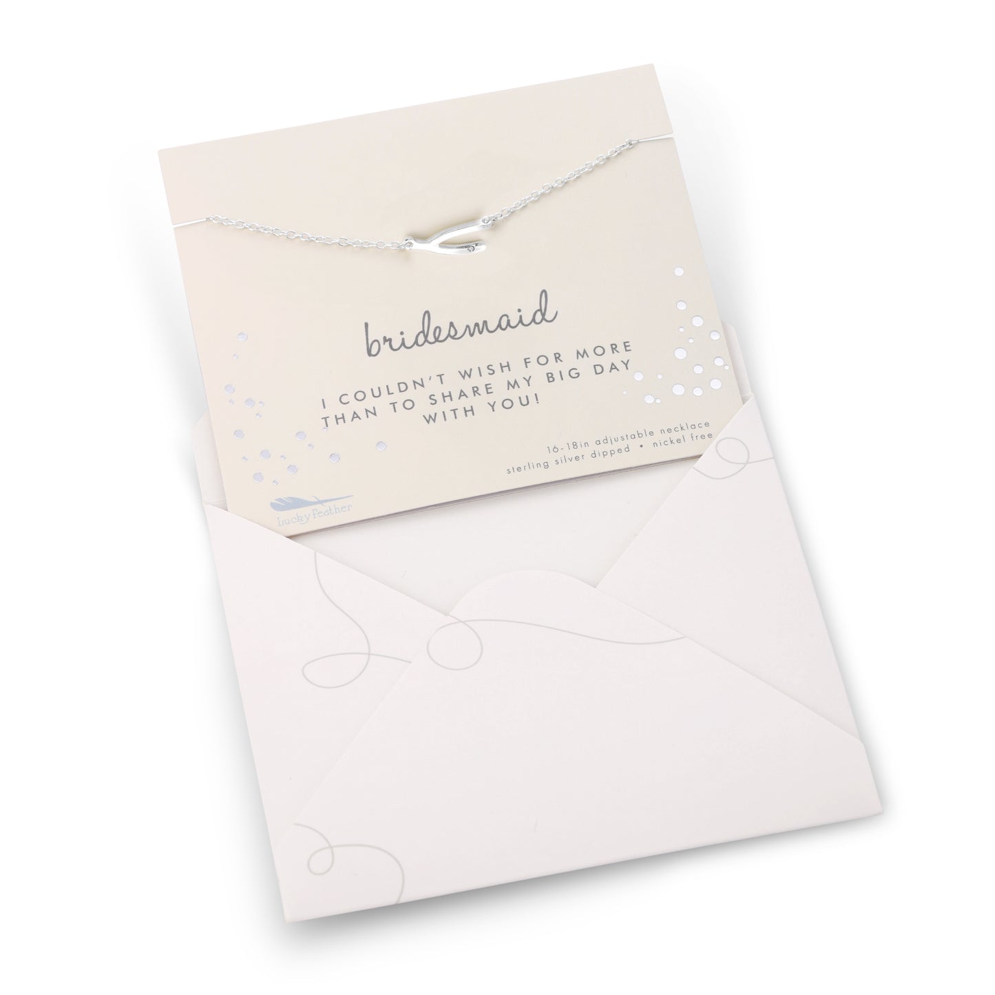 Silver wishbone necklace on a "bridesmaid" card inside an envelope.