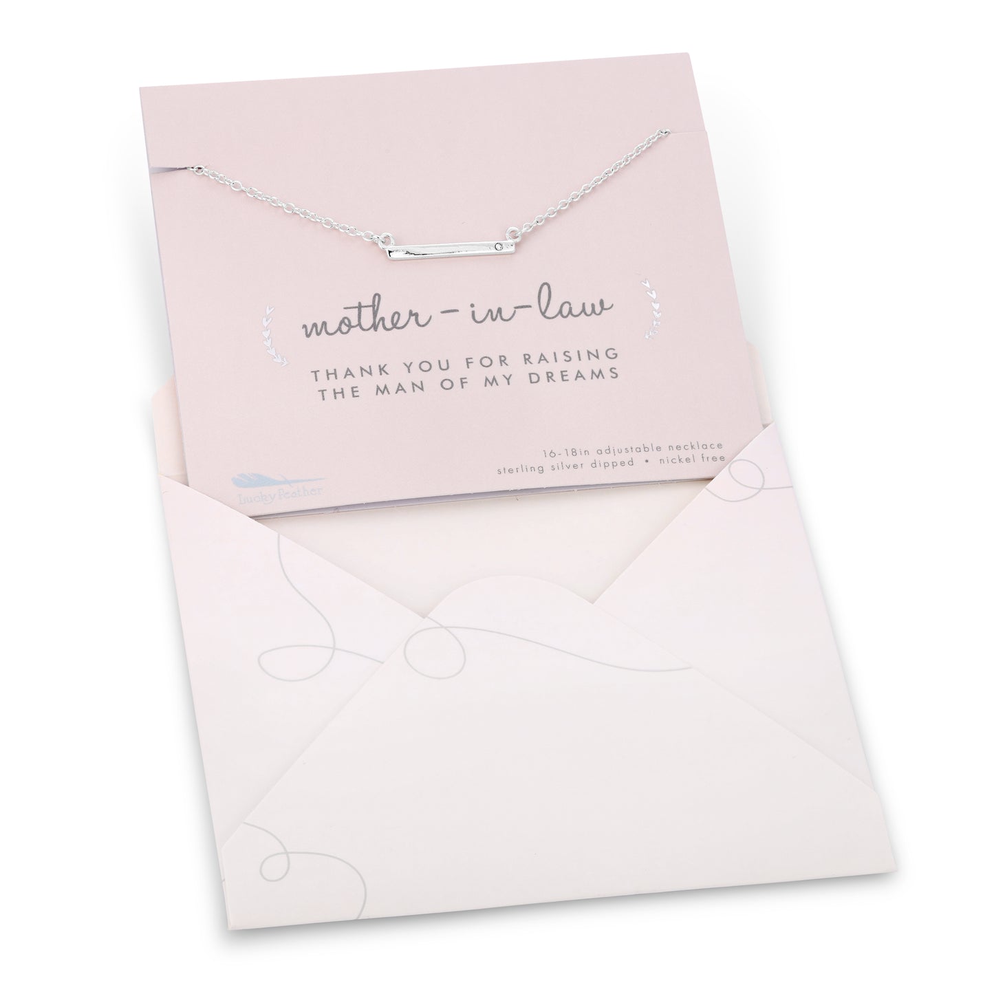 A "Mother-in-law" necklace gift card in an envelope.