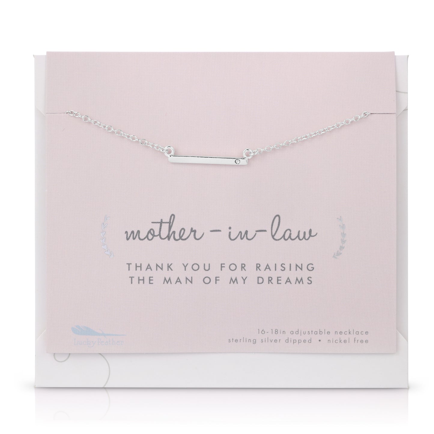 A silver bar necklace on a pink card that reads "mother-in-law, Thank you for raising the man of my dreams."