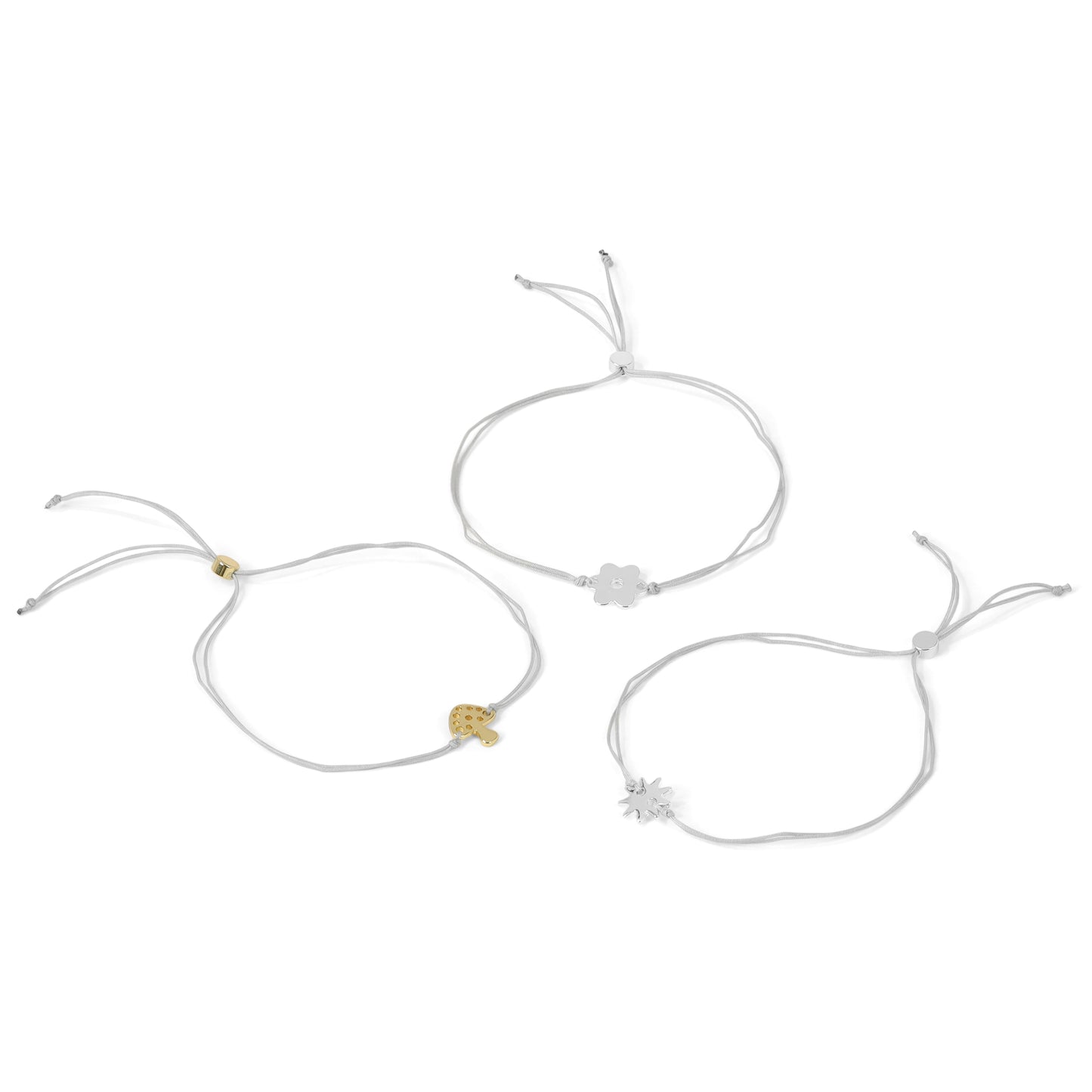 Three adjustable string bracelets with mushroom, flower, and sun charms.