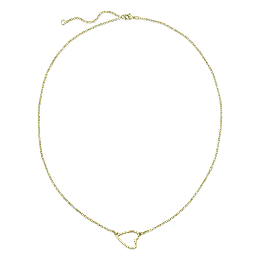 A thin gold chain necklace features a simple heart pendant.