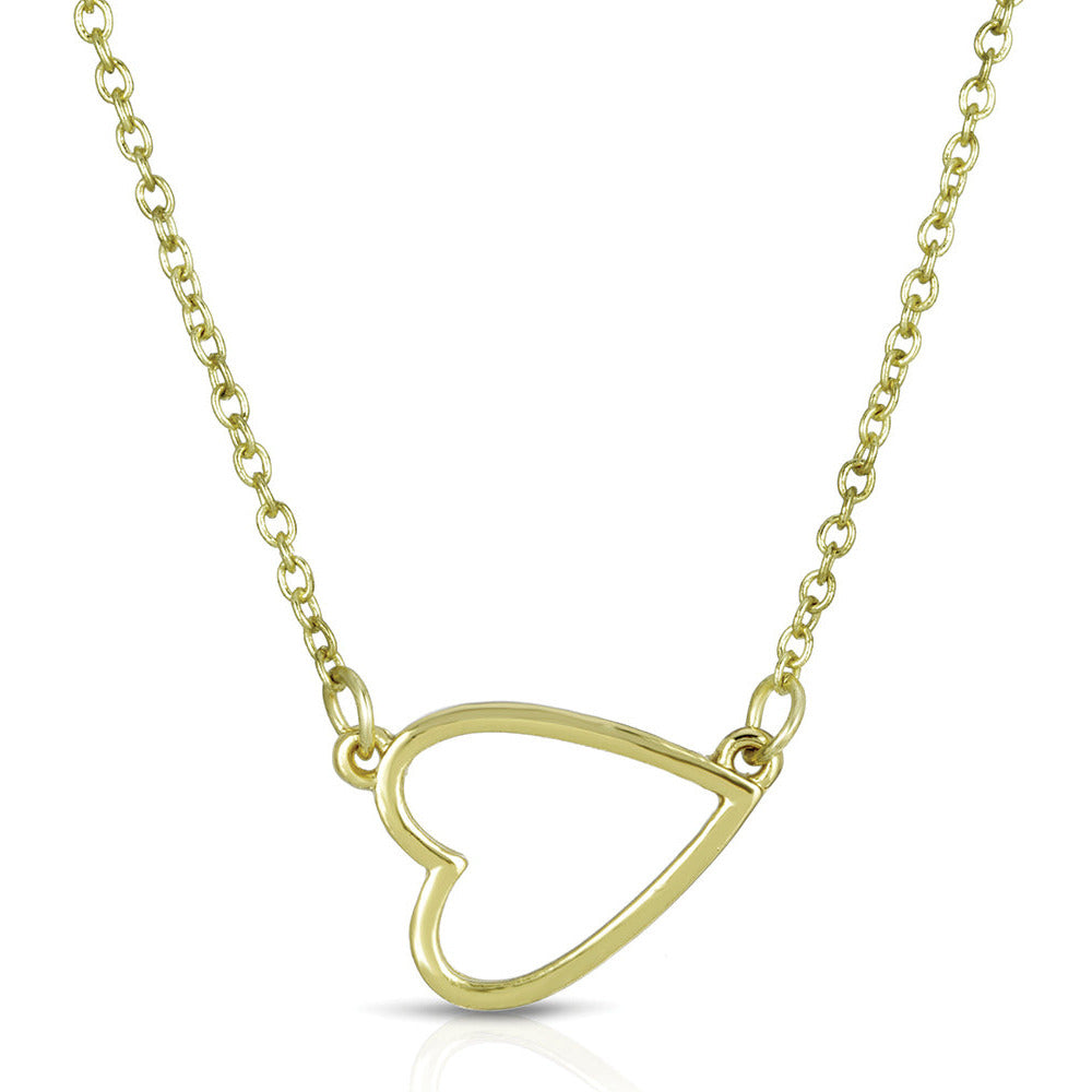 A gold chain necklace with a heart pendant is displayed on a white background.
