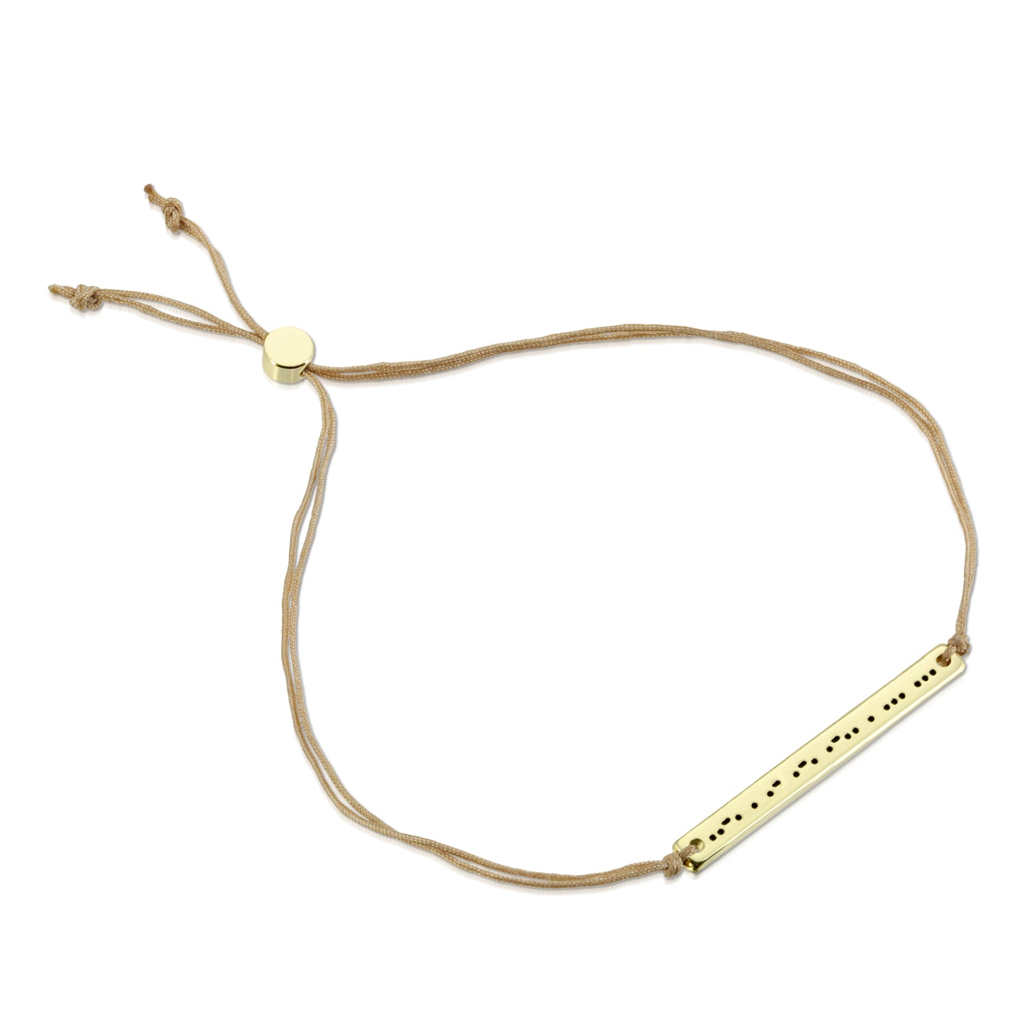 A tan cord bracelet with a gold-colored rectangular charm engraved with dots and dashes.