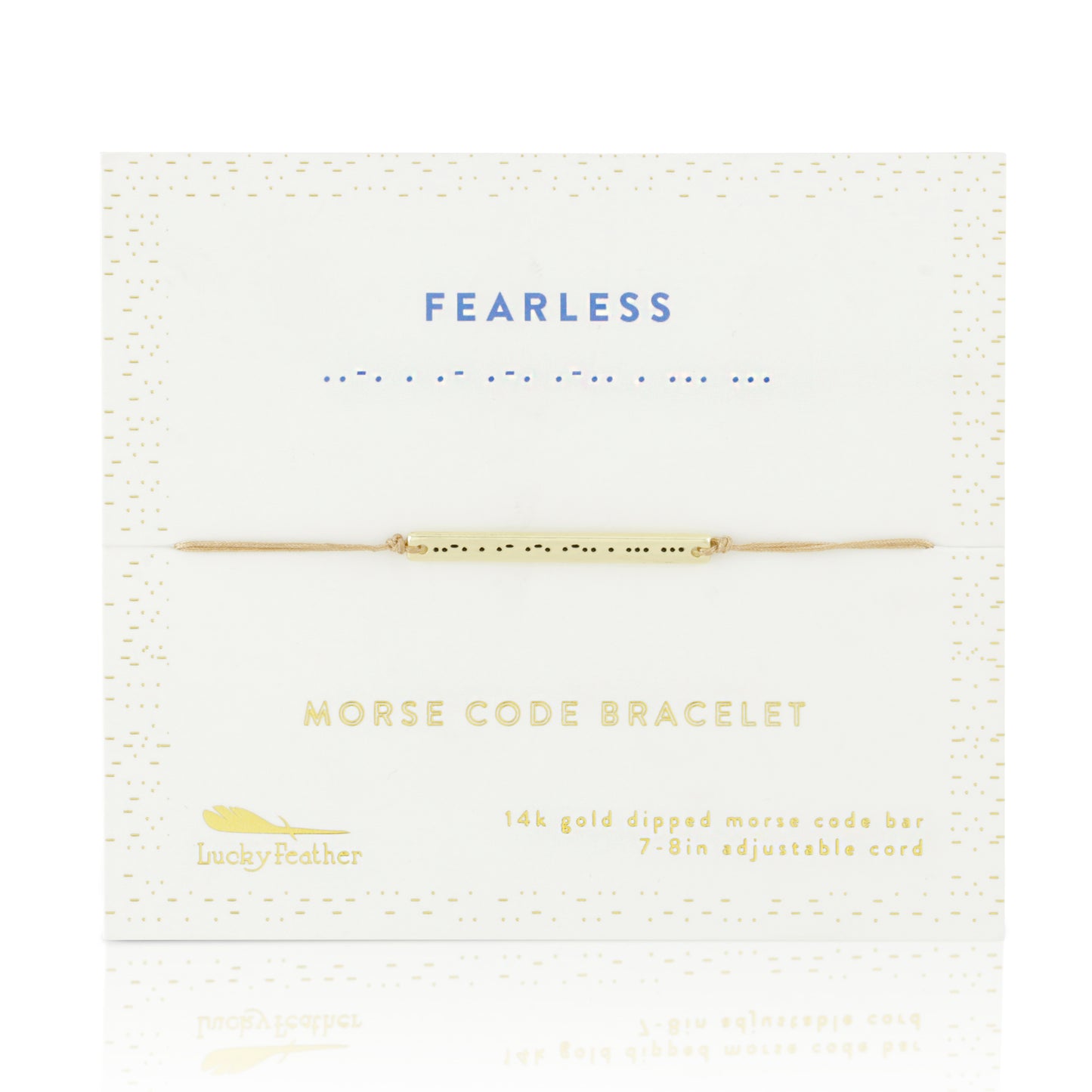 A "Fearless" morse code bracelet by Lucky Feather is displayed on its packaging.