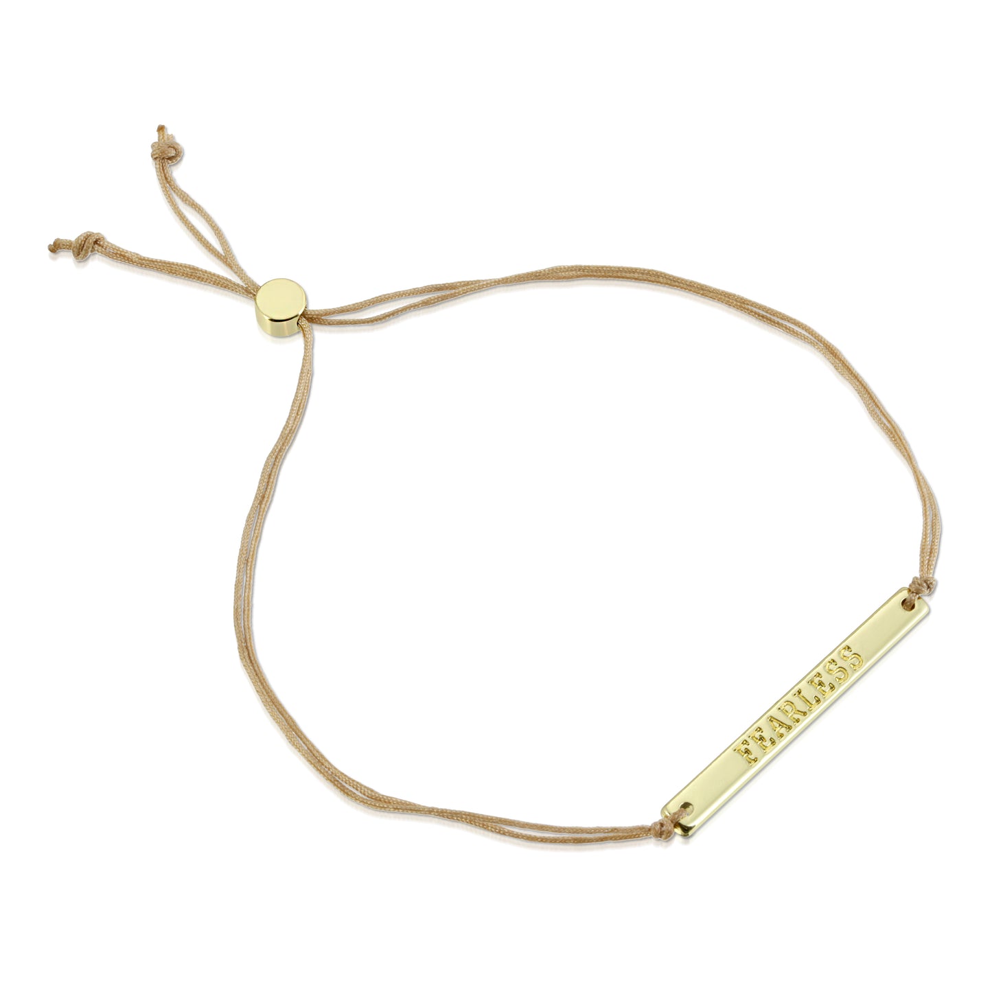 A bracelet with a gold-colored bar that says "FEARLESS" on a beige cord.