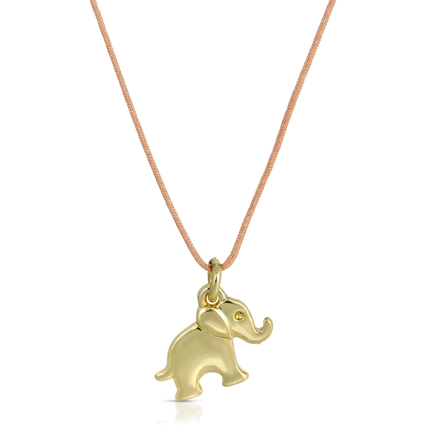 A gold elephant pendant hangs from a peach-colored cord.