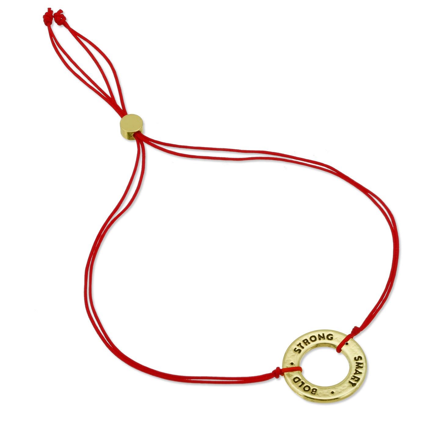 Red string bracelet with gold colored ring inscribed with "STRONG SMART BOLD".
