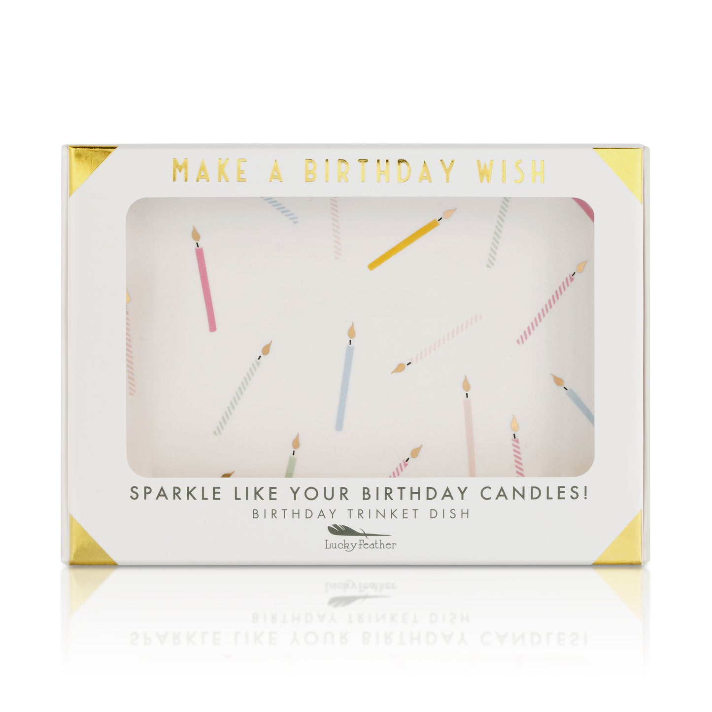 A white box with gold accents displays a trinket dish with a pattern of birthday candles, and the text "MAKE A BIRTHDAY WISH" and "SPARKLE LIKE YOUR BIRTHDAY CANDLES! BIRTHDAY TRINKET DISH."