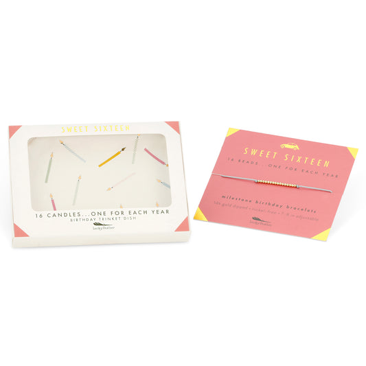 A "Sweet Sixteen" birthday trinket dish and bracelet set are displayed in their packaging.