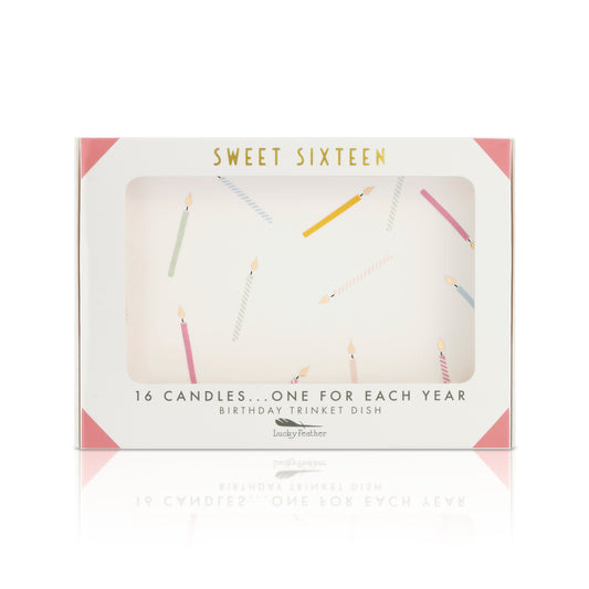 A "Sweet Sixteen" birthday trinket dish box is displayed.