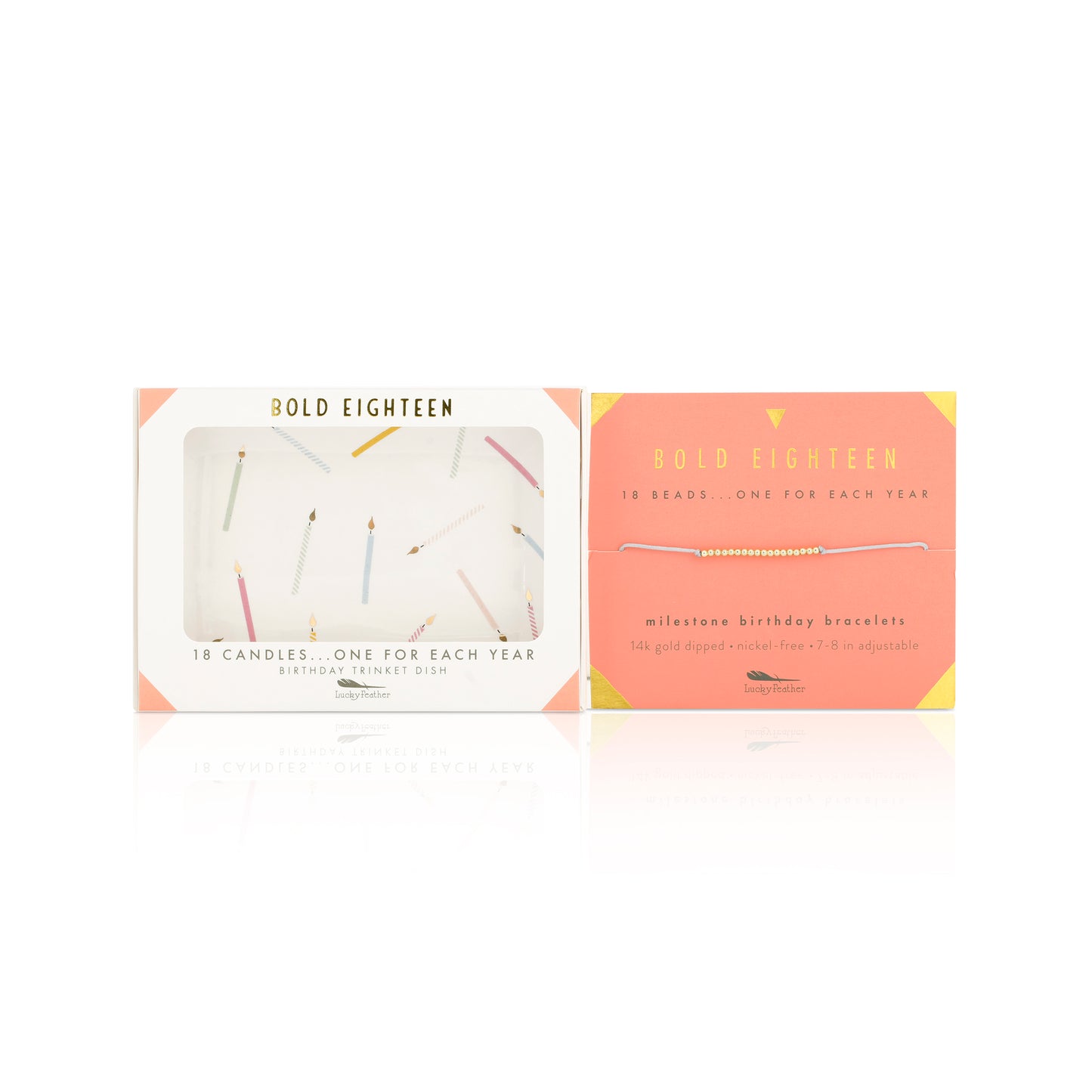 Two packages labeled "Bold Eighteen", one a birthday trinket dish and the other a milestone birthday bracelet, are positioned side by side.