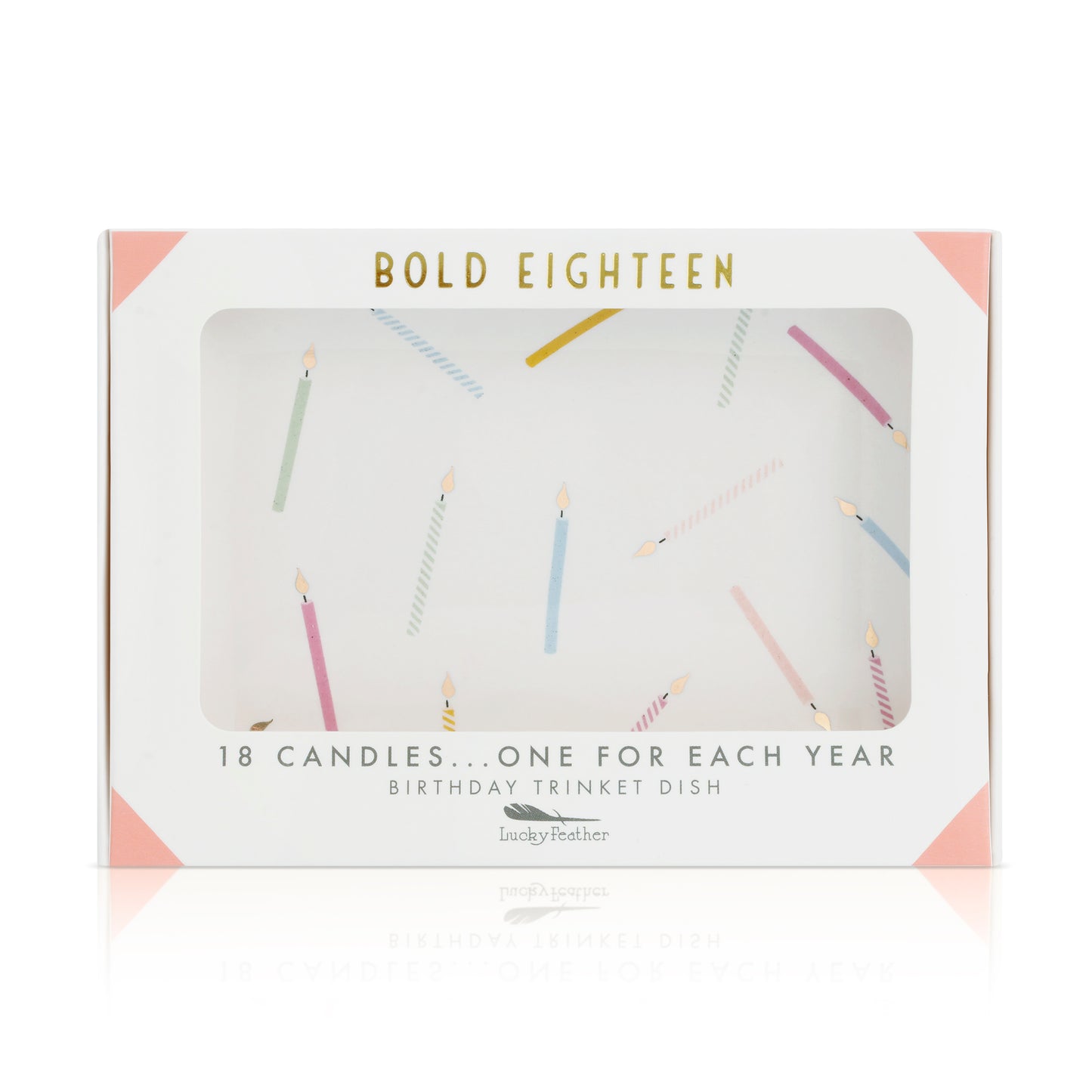 Box for a "Bold Eighteen" birthday trinket dish with 18 candle illustrations.