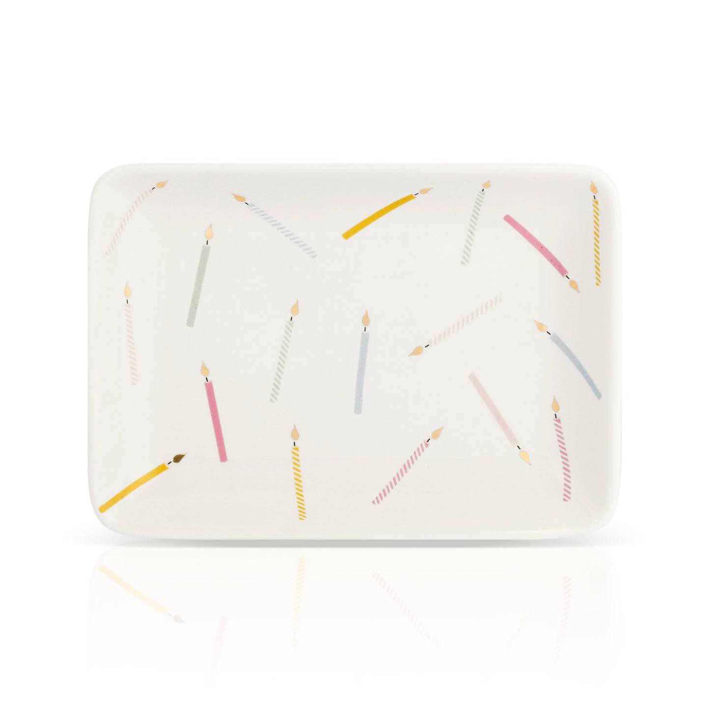 Rectangular tray with a candle pattern, on a white background with a reflection.